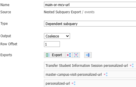 Slate coalesce export selecting among a transfer information session, an umbrella campus-visit link, and a direct personalized event URL.