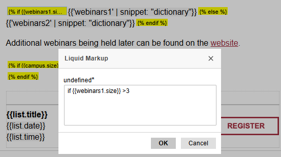 Liquid conditions checking the event collection size to choose a content block, above repeated event title, date, time, and registration fields.