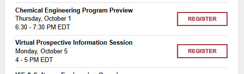 Demo email rows for a program preview and virtual information session, each with a date, condensed time range, and Register link.