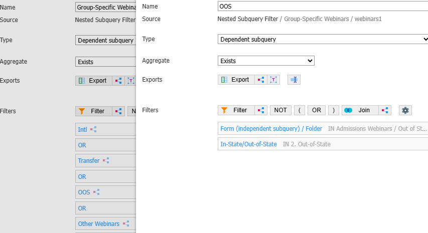 Slate group-specific event filters for international, transfer, out-of-state and other webinar categories, with an out-of-state recipient condition.