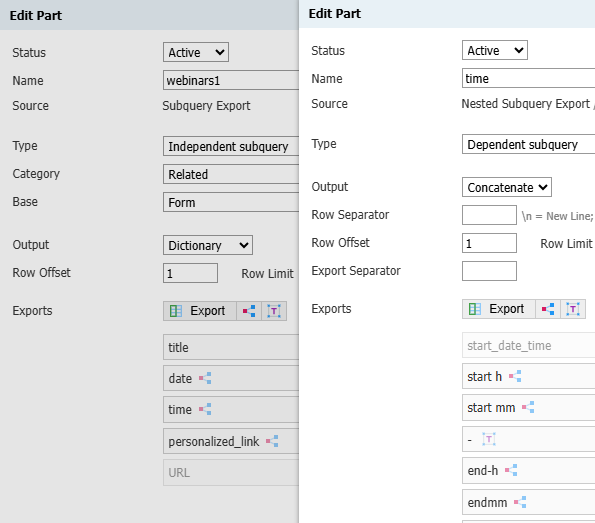 An independent event dictionary beside layered time-formatting exports for start and end hours and minutes.
