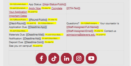 Template editor displaying conditional application actions, date fields, assigned counselor fallbacks, and the adaptive CTA placeholder.