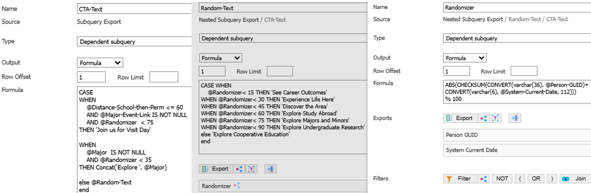 Slate formula panels showing distance and academic-interest checks, weighted CTA thresholds, fallback choices, and a student-and-date selection value.