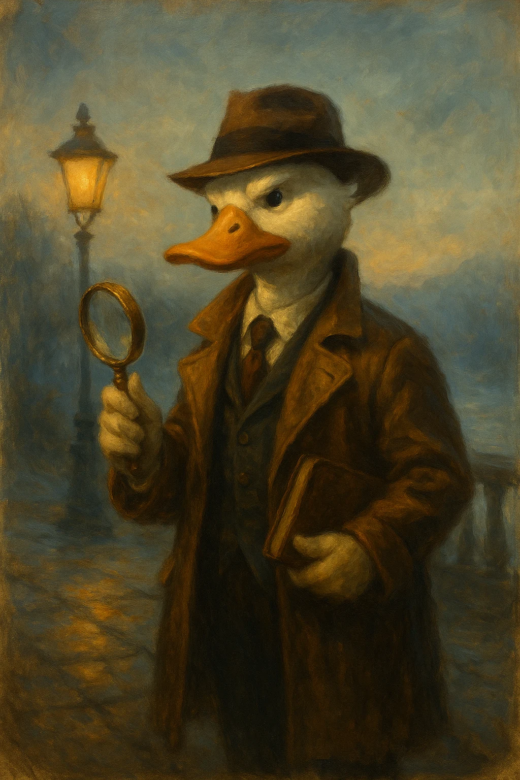 A duck detective in a noir mystery scene.