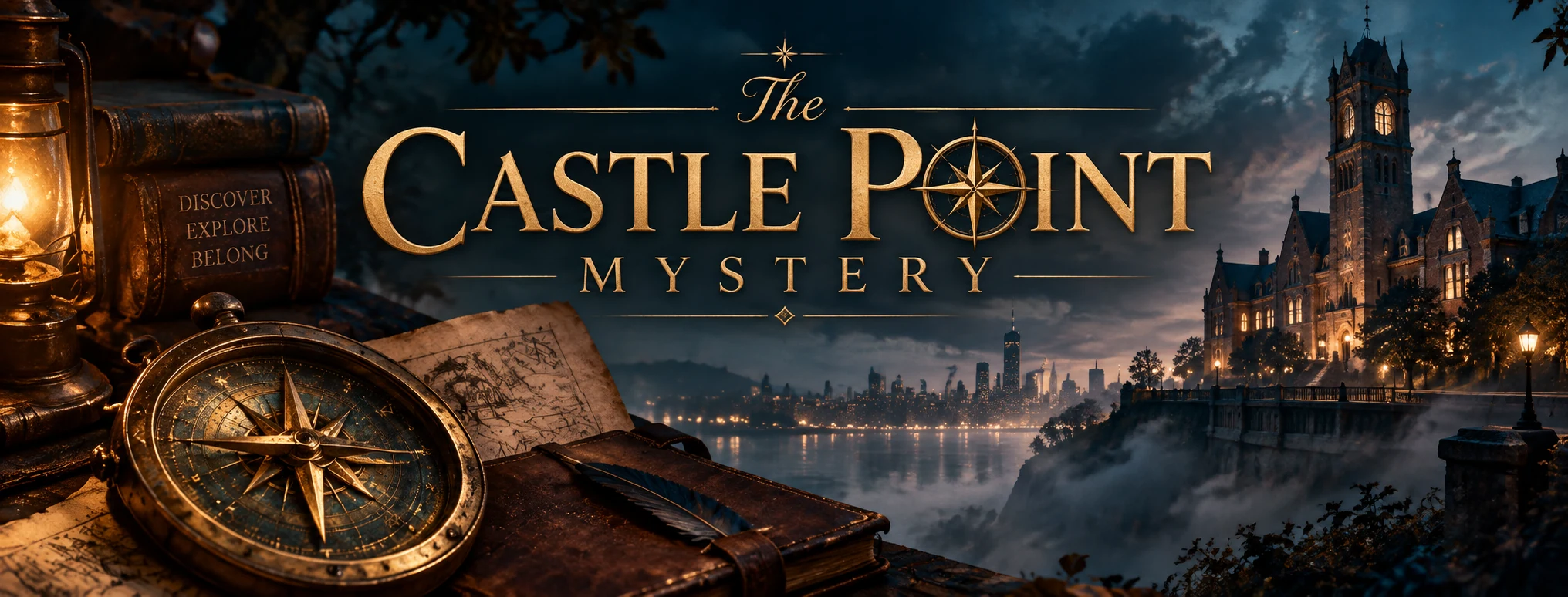 The Castle Point Mystery: a brass compass, casebook, and a misty riverside campus.