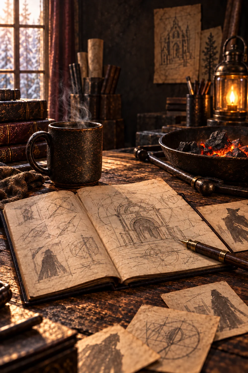 A ceramic coffee cup, quiet embers, and an open sketchbook.