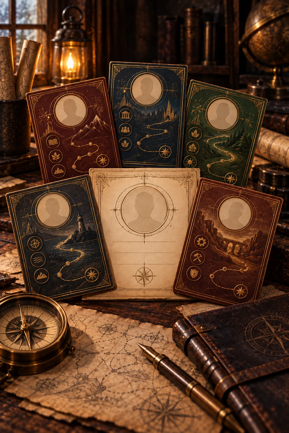 A folio of journey cards with varied routes and blank profile windows.