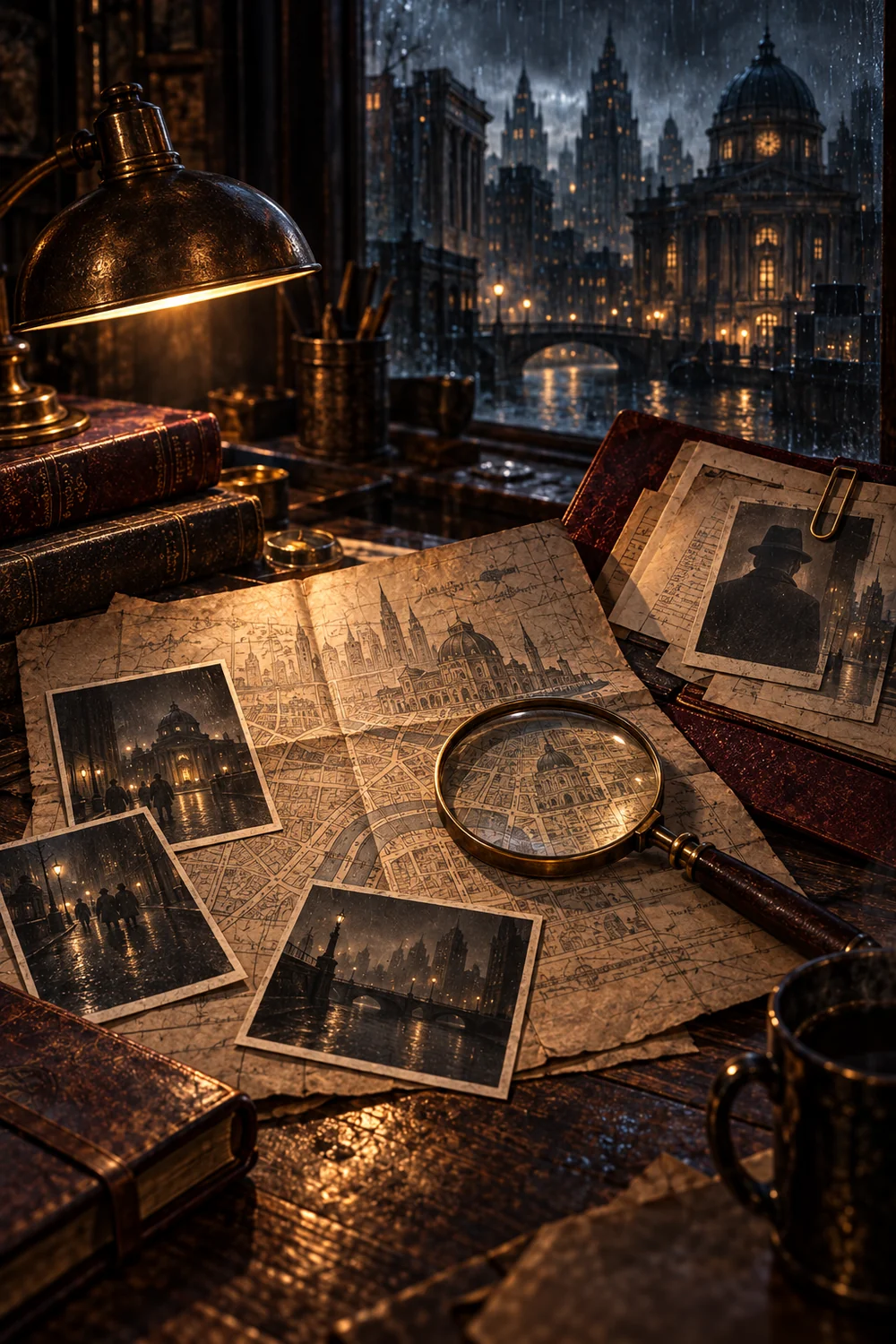 A noir investigation dossier with a city map and magnifying lens.