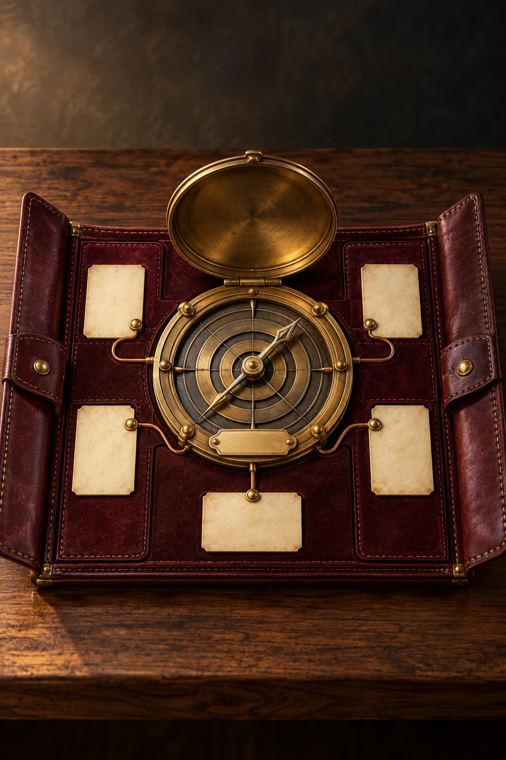A brass compass in an oxblood case folio, with five ivory clue cards connected by fine copper paths.