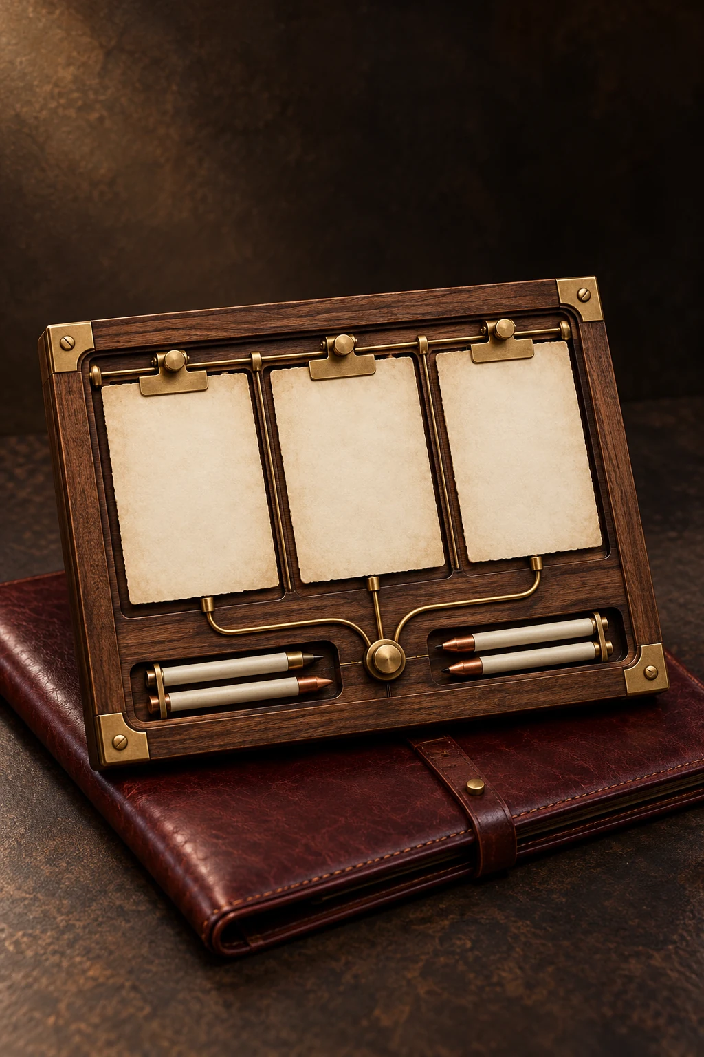 A crafted brass and walnut review frame arranges parchment feedback slips and planning markers over a burgundy folio.