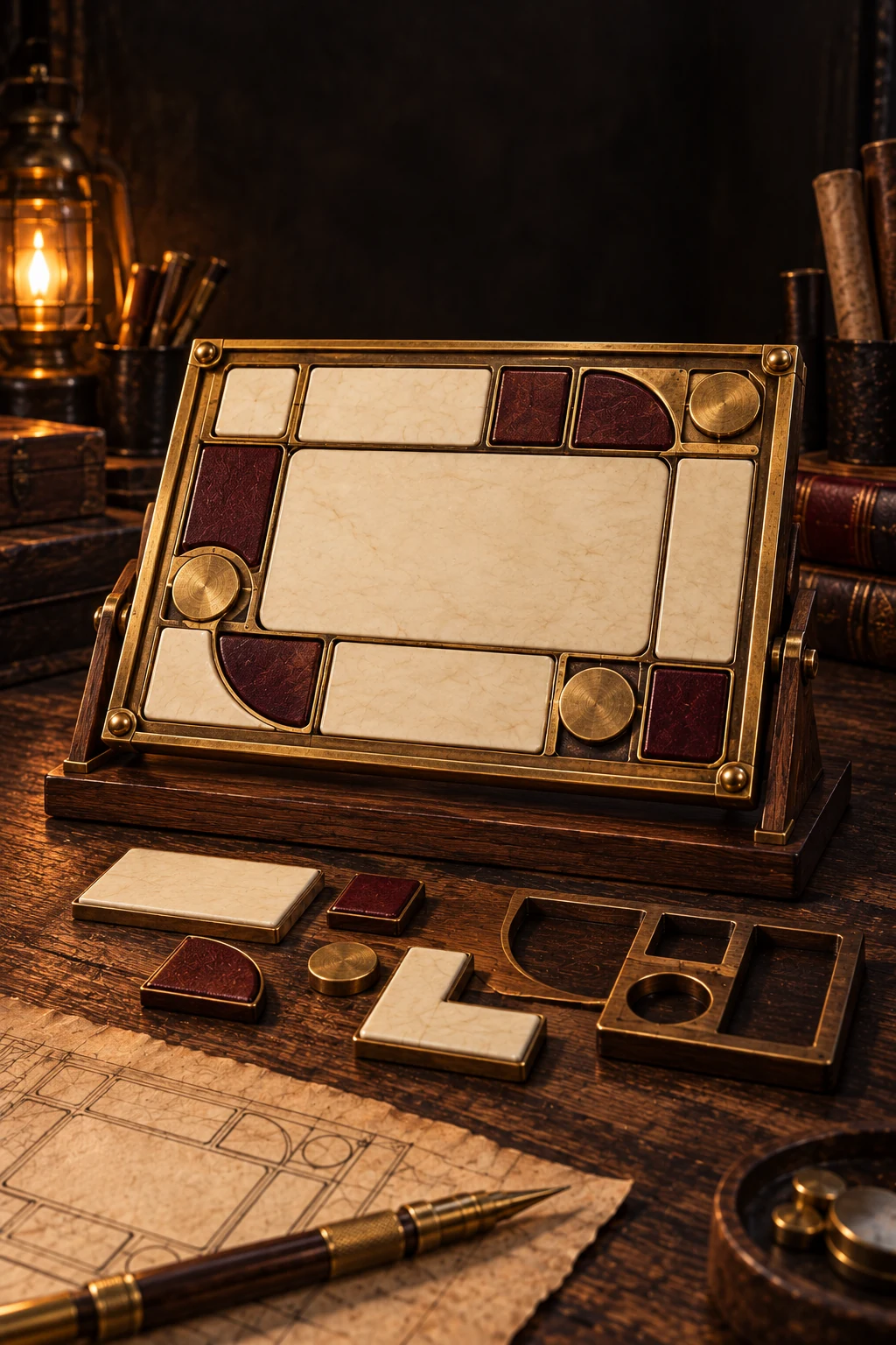 A brass-framed composition tray assembles ivory and burgundy panels on dark walnut, with matching loose pieces alongside.