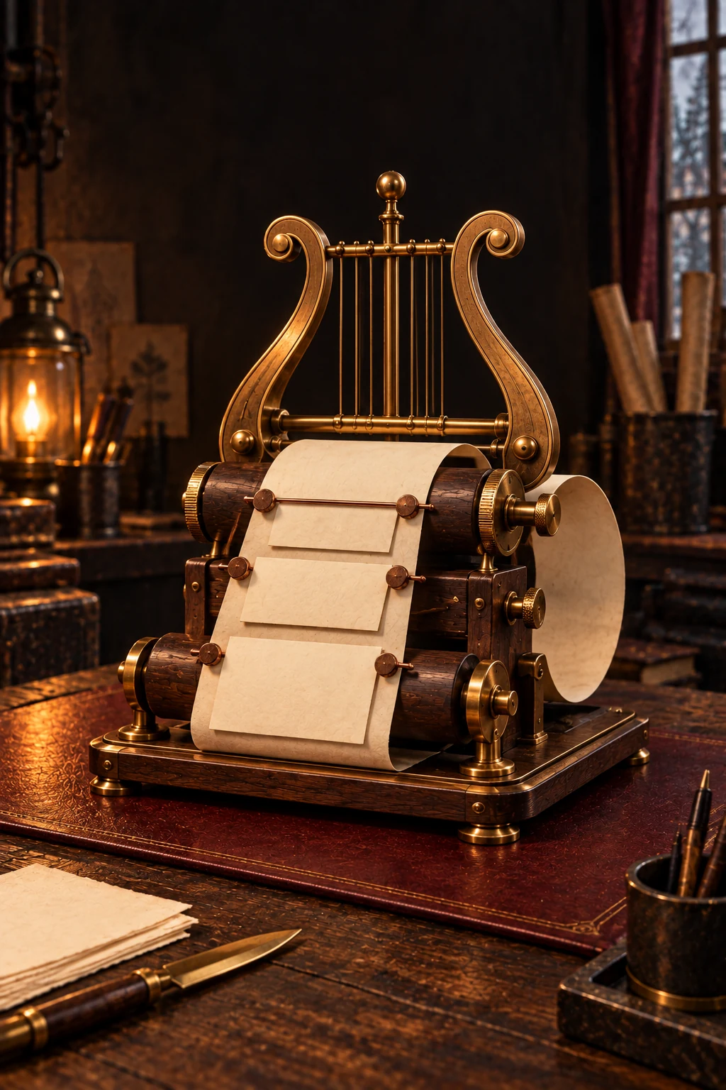A lyre-shaped brass and walnut composing press carries blank event panels along a continuous parchment ribbon.