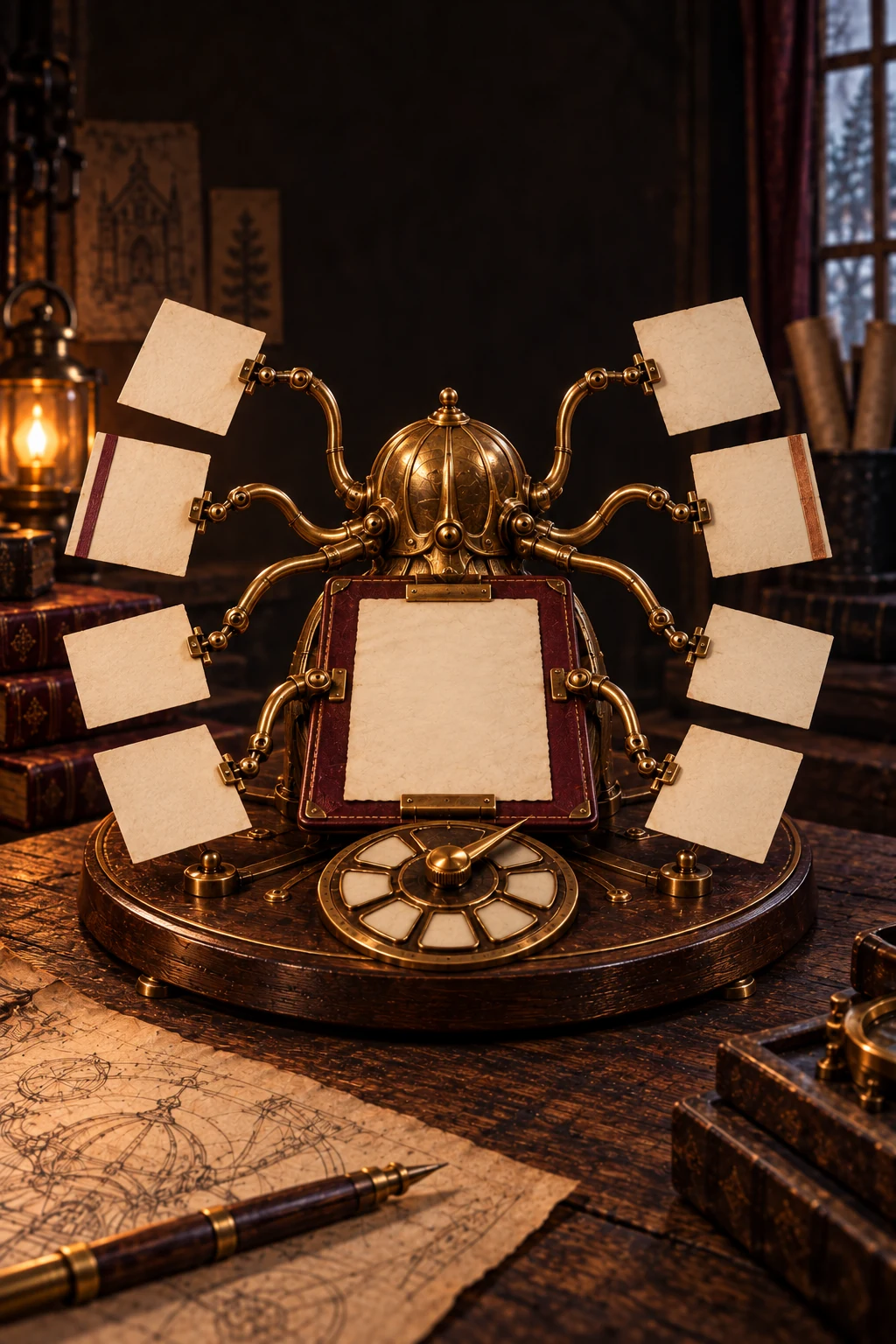 An eight-armed brass instrument assembles parchment panels around a central letter on an oxblood folio.