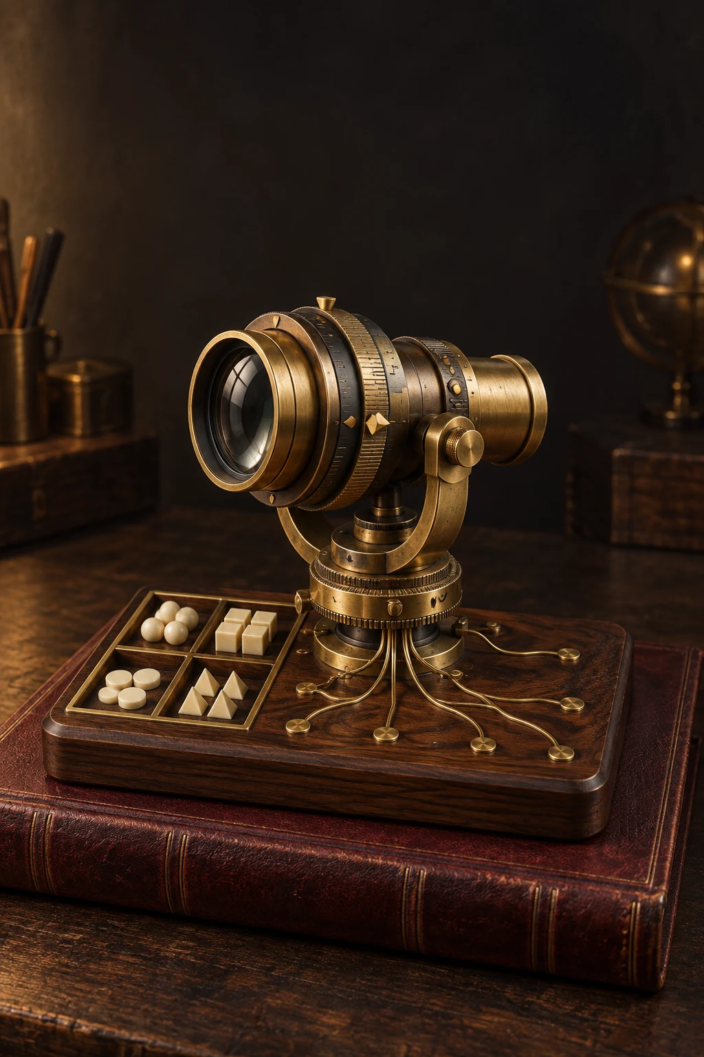 A precision brass scope with calibrated rings, grouped ivory pieces, and branching channels on a walnut base above a burgundy folio.