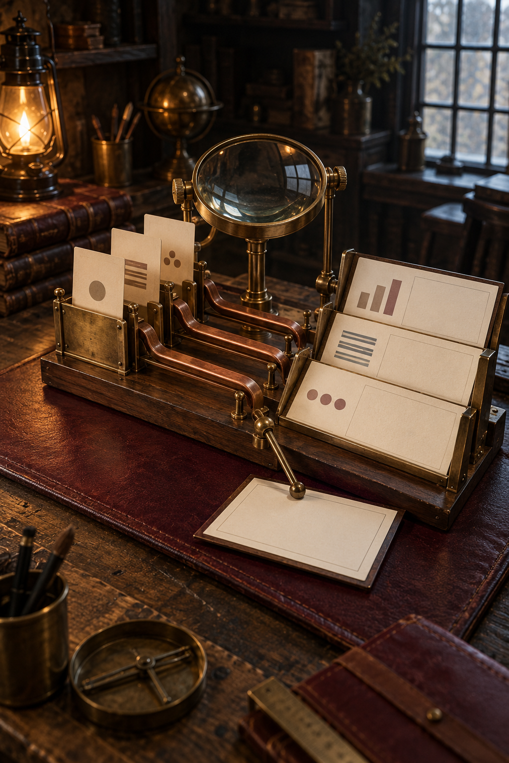 A brass reading lens connects student feedback cards with a shared planning folio on a walnut workbench.
